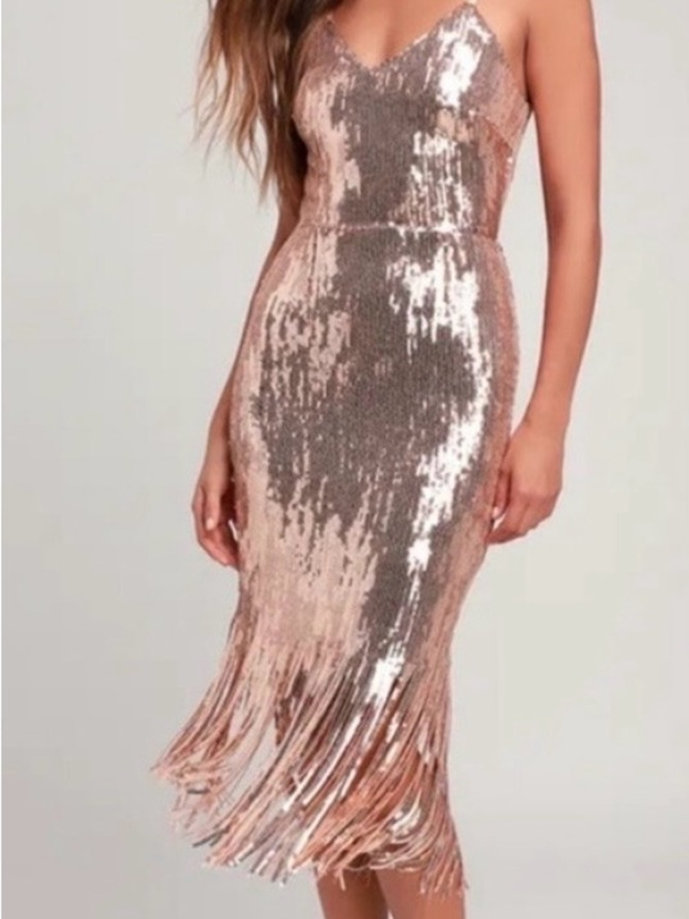 Lulus Anjou Rose Gold Sequin Fringe Midi Slip Dress